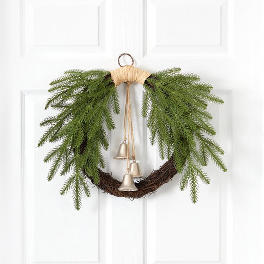 24” Holiday Christmas Pine and Bells Wreath