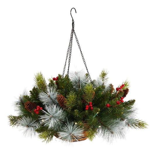 24" Holiday Pre-Lit (30 LED Lights) Pine and Berries Hanging Basket" - Tampa Home & Garden Store