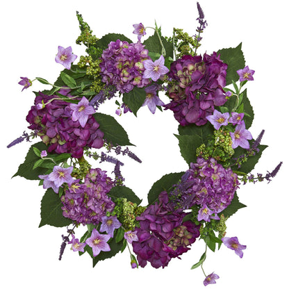24-inch artificial hydrangea wreath by Nearly Natural with purple blooms and green leaves on Tampa Home & Garden Store