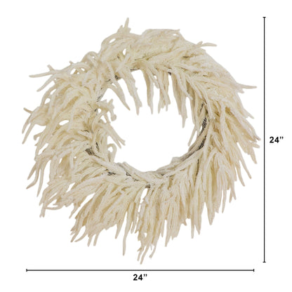 Wreath 24in Artificia Real Touch White Norfolk Island Pine with natural look, cream fronds on Tampa Home & Garden Store