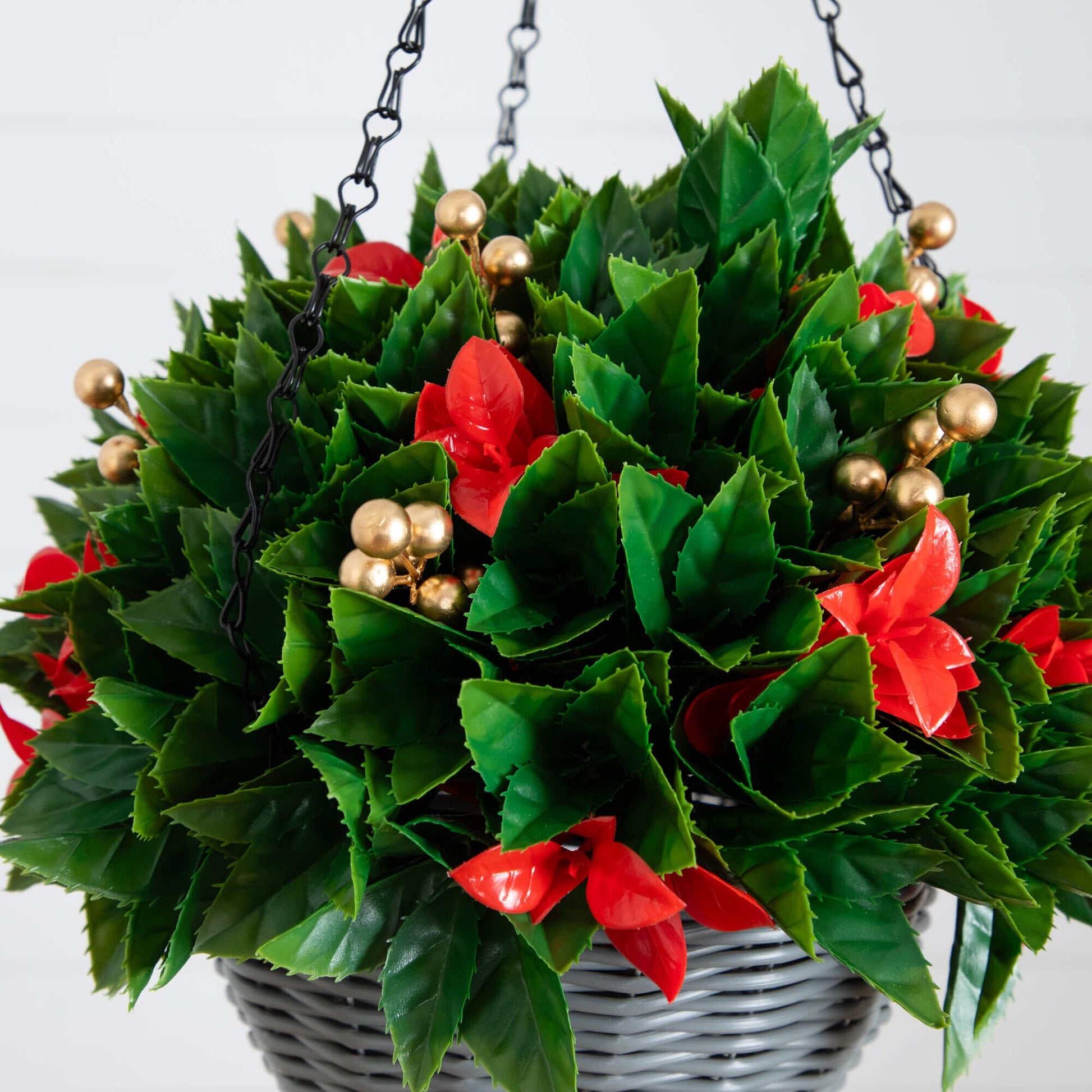 24in pre-lit hanging basket with red-tip Photinia and gold berries, 34 LEDs Nearly Natural on Tampa Home & Garden Store