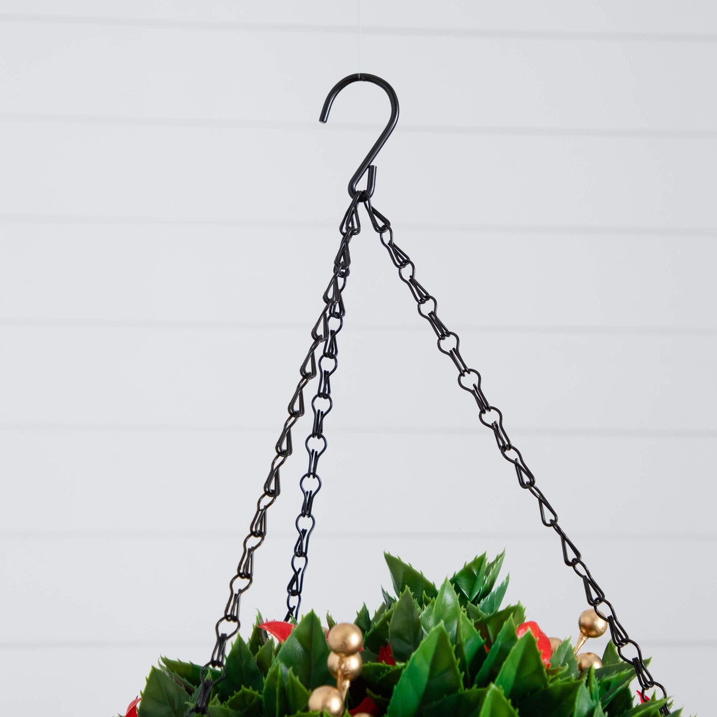 24in hanging basket with UV‑resistant artificial red tip Photinia, gold berries and 34 warm LEDs on Tampa Home & Garden Store