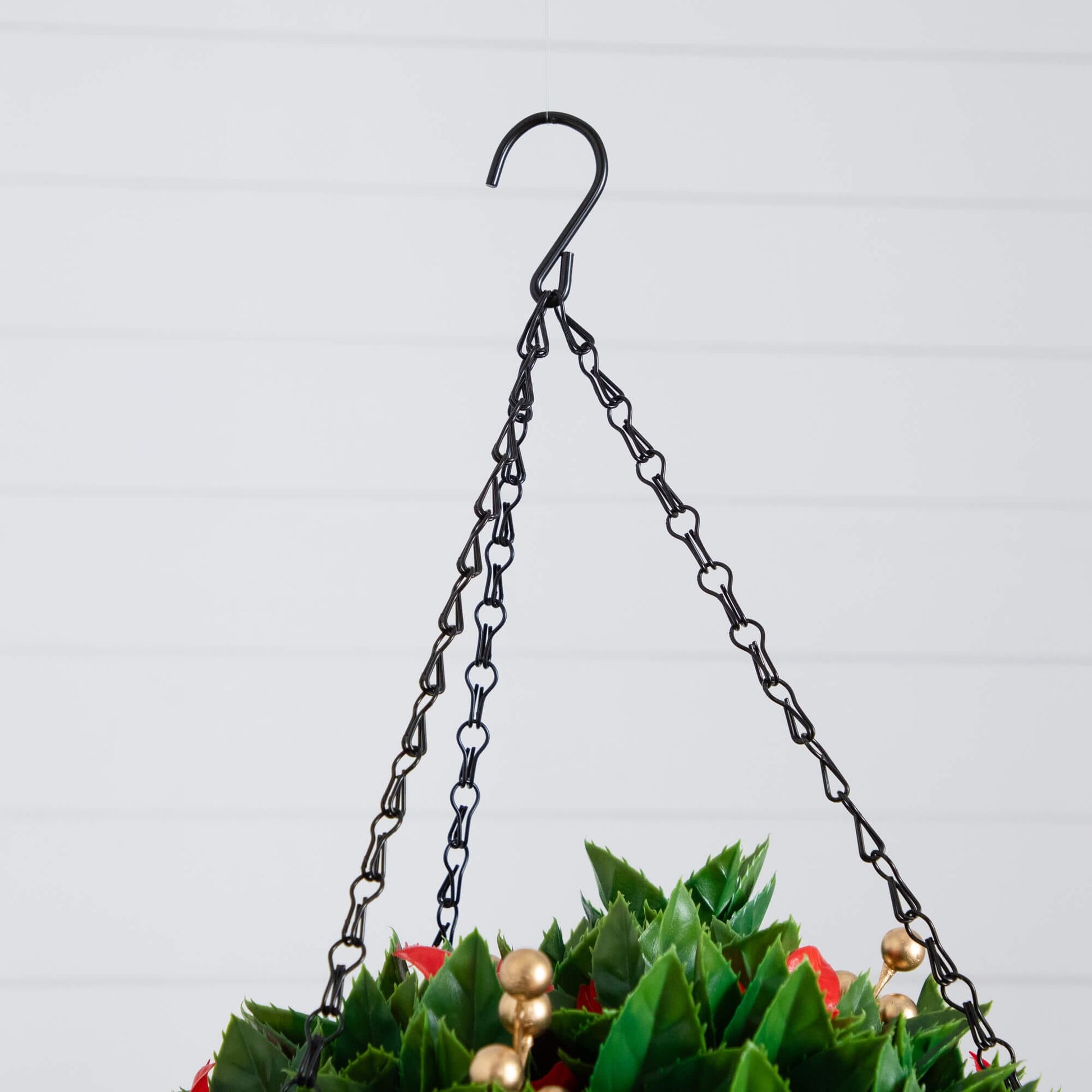 24in hanging basket with UV‑resistant artificial red tip Photinia, gold berries and 34 warm LEDs on Tampa Home & Garden Store