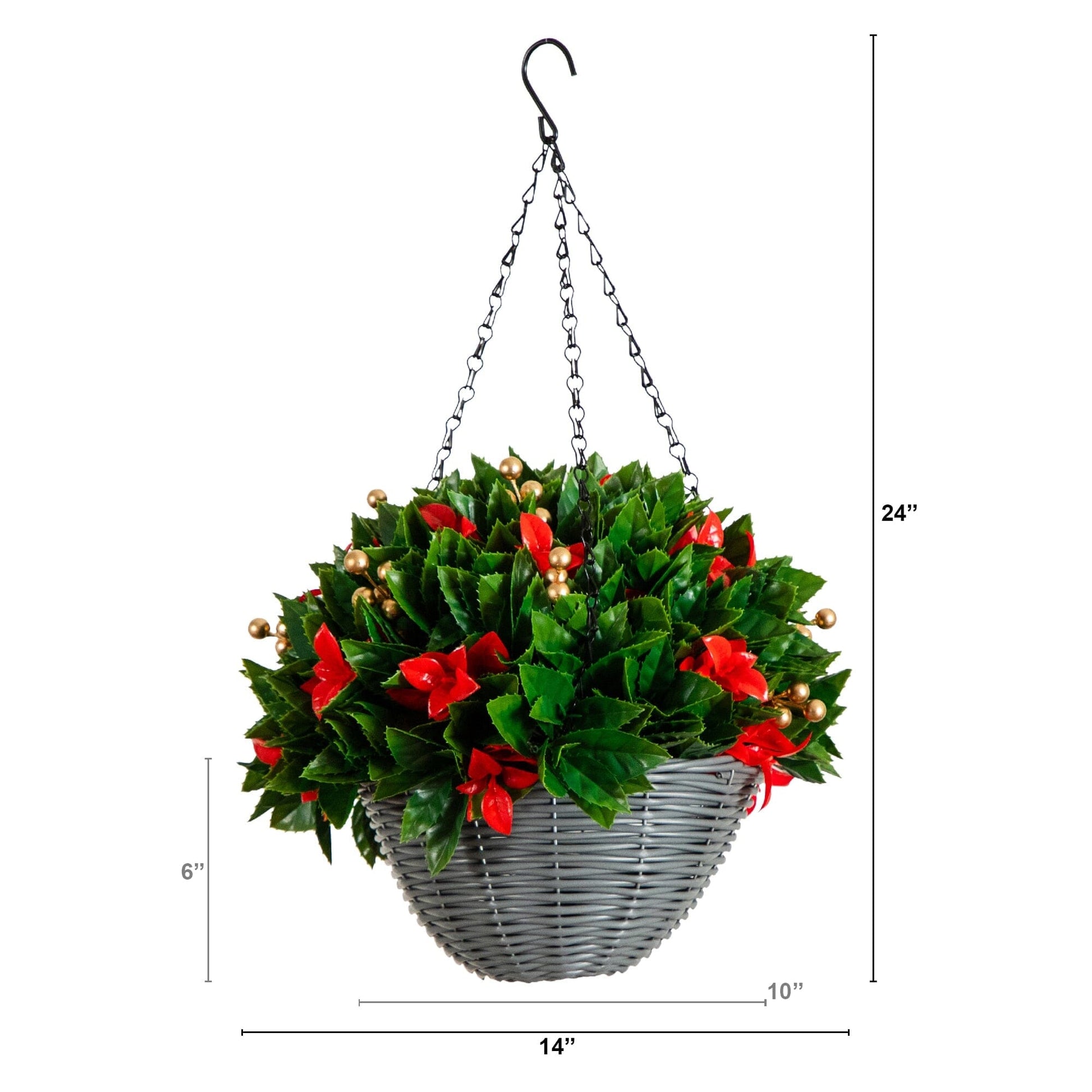 Nearly Natural 24in Pre-Lit Hanging Basket with Photinia leaves, red tips & gold berries on Tampa Home & Garden Store