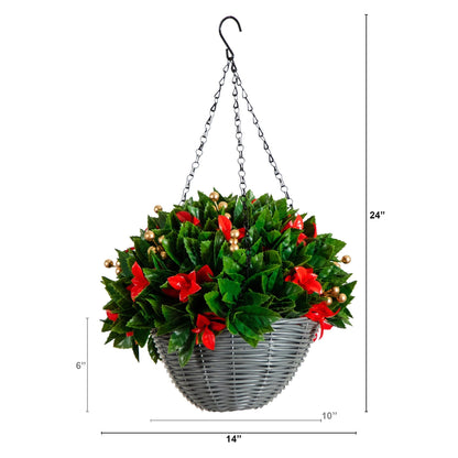 Nearly Natural 24in Pre-Lit Hanging Basket with Photinia leaves, red tips & gold berries on Tampa Home & Garden Store