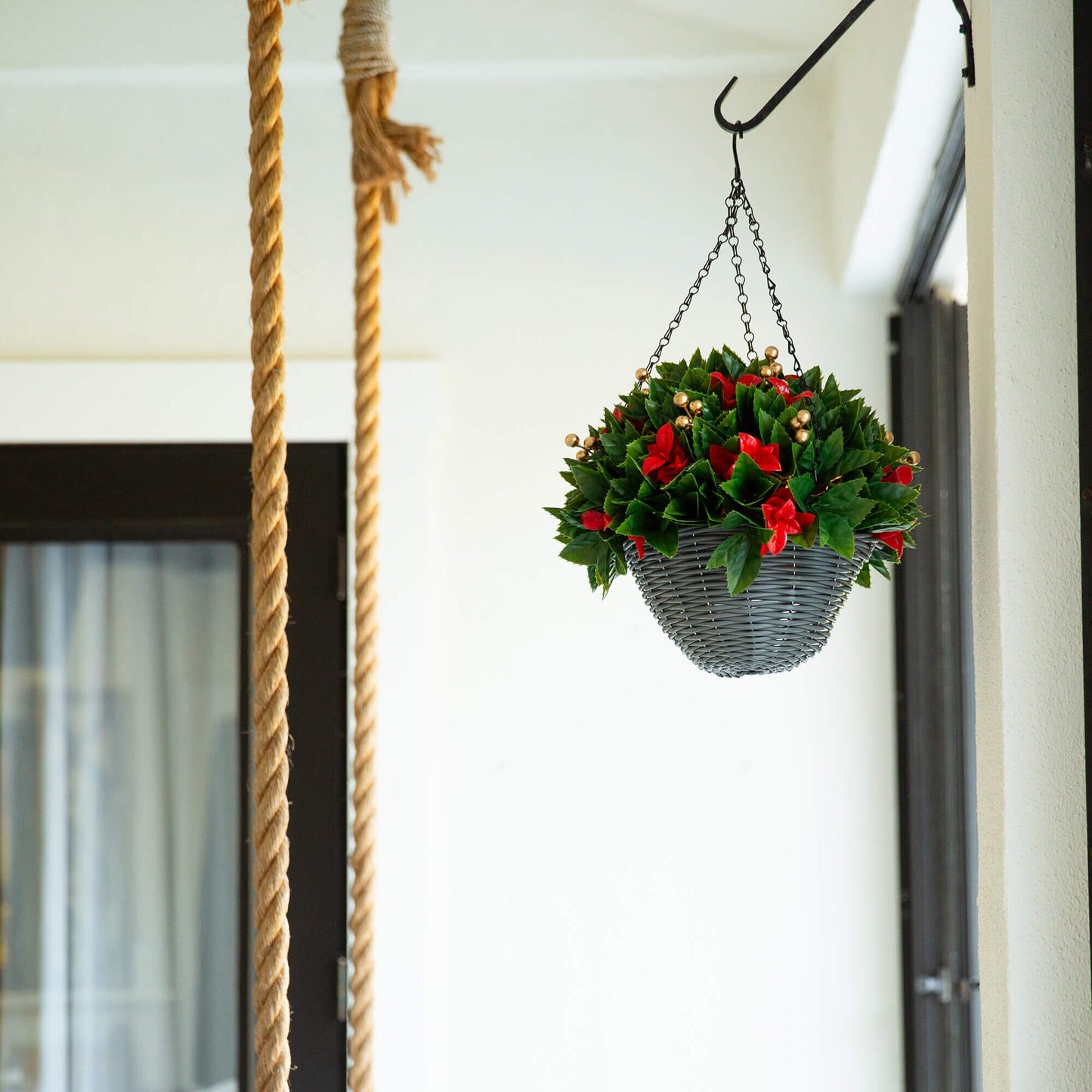 Hanging basket 24in UV-resistant Photinia with red tips, gold berries, 34 LEDs on Tampa Home & Garden Store