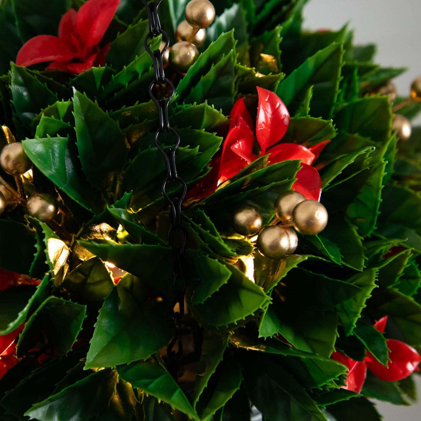 Hanging basket with UV resistant red-tip Photinia leaves and gold berries, 34 LEDs on Tampa Home & Garden Store