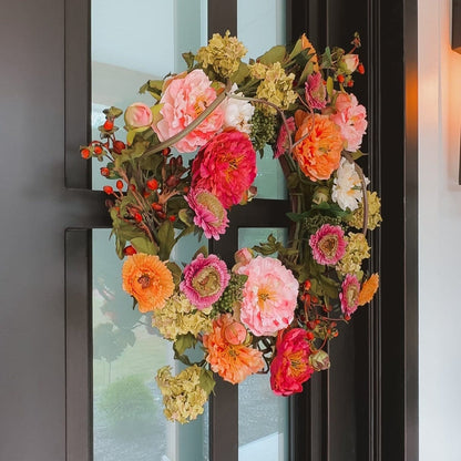 Traditional Spring Look Bundle wreath by Nearly Natural with pink, coral, and peach blooms on Tampa Home & Garden Store