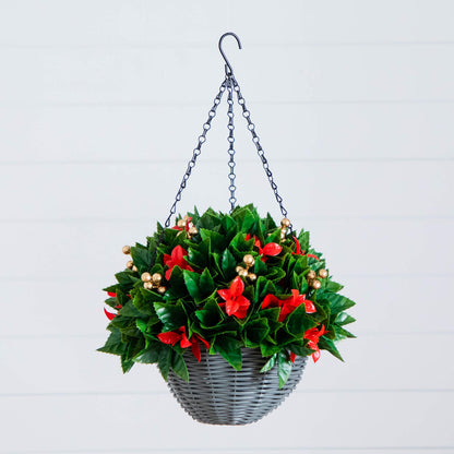 Hanging basket with lush green leaves, red accents, and gold bead trim on a metal chain on Tampa Home & Garden Store