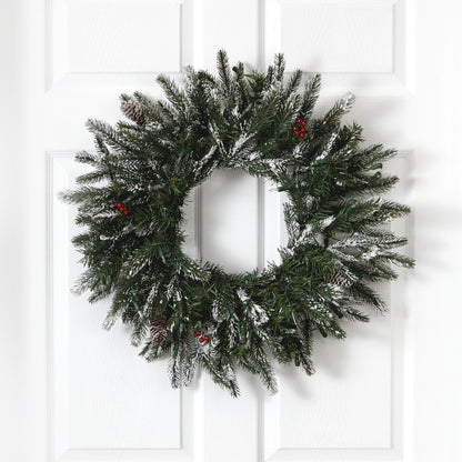 Nearly Natural 24-inch Snowed Artificial Christmas Wreath with 50 warm white LED lights and pine cones on Tampa Home & Garden Store