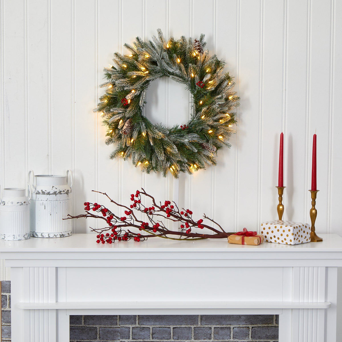 Nearly Natural 24in snowed artificial Christmas wreath with 50 warm white LED lights pine cones on Tampa Home & Garden Store
