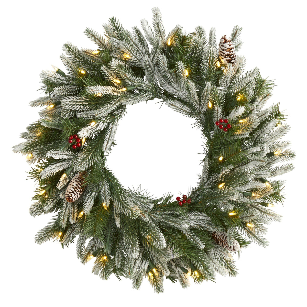 Wreath Nearly Natural 24-inch Snowed artificial wreath with 50 warm white LED lights and pine cones on Tampa Home & Garden Store