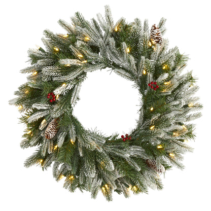 Wreath Nearly Natural 24-inch Snowed artificial wreath with 50 warm white LED lights and pine cones on Tampa Home & Garden Store