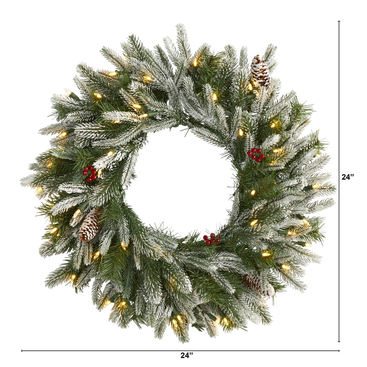 Wreath Nearly Natural 24in snowed pine wreath with cones and warm white LED lights on Tampa Home & Garden Store