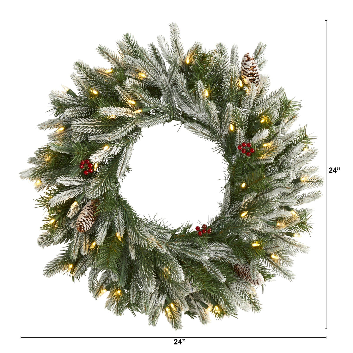 Wreath Nearly Natural 24in snowed pine wreath with cones and warm white LED lights on Tampa Home & Garden Store