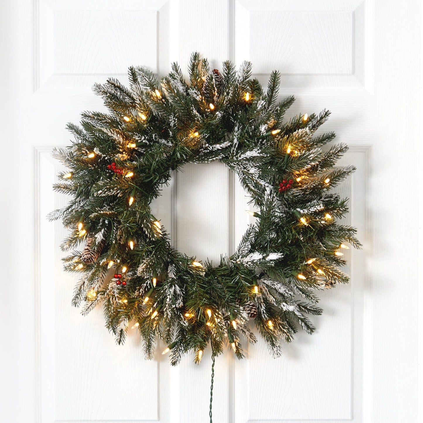Wreath Nearly Natural 24-inch snowed wreath with pine cones and warm white LED lights on Tampa Home & Garden Store