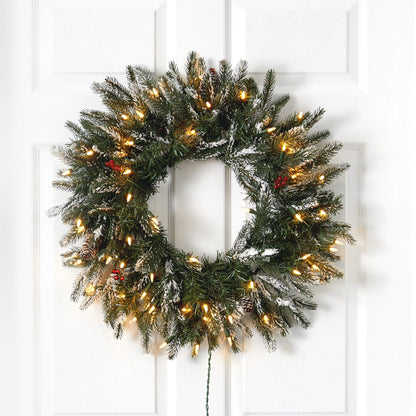 Wreath Nearly Natural 24-inch snowed wreath with pine cones and warm white LED lights on Tampa Home & Garden Store