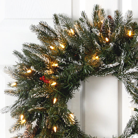 Wreath Nearly Natural 24-inch Snowed evergreen with pine cones and 50 warm white LED lights on Tampa Home & Garden Store