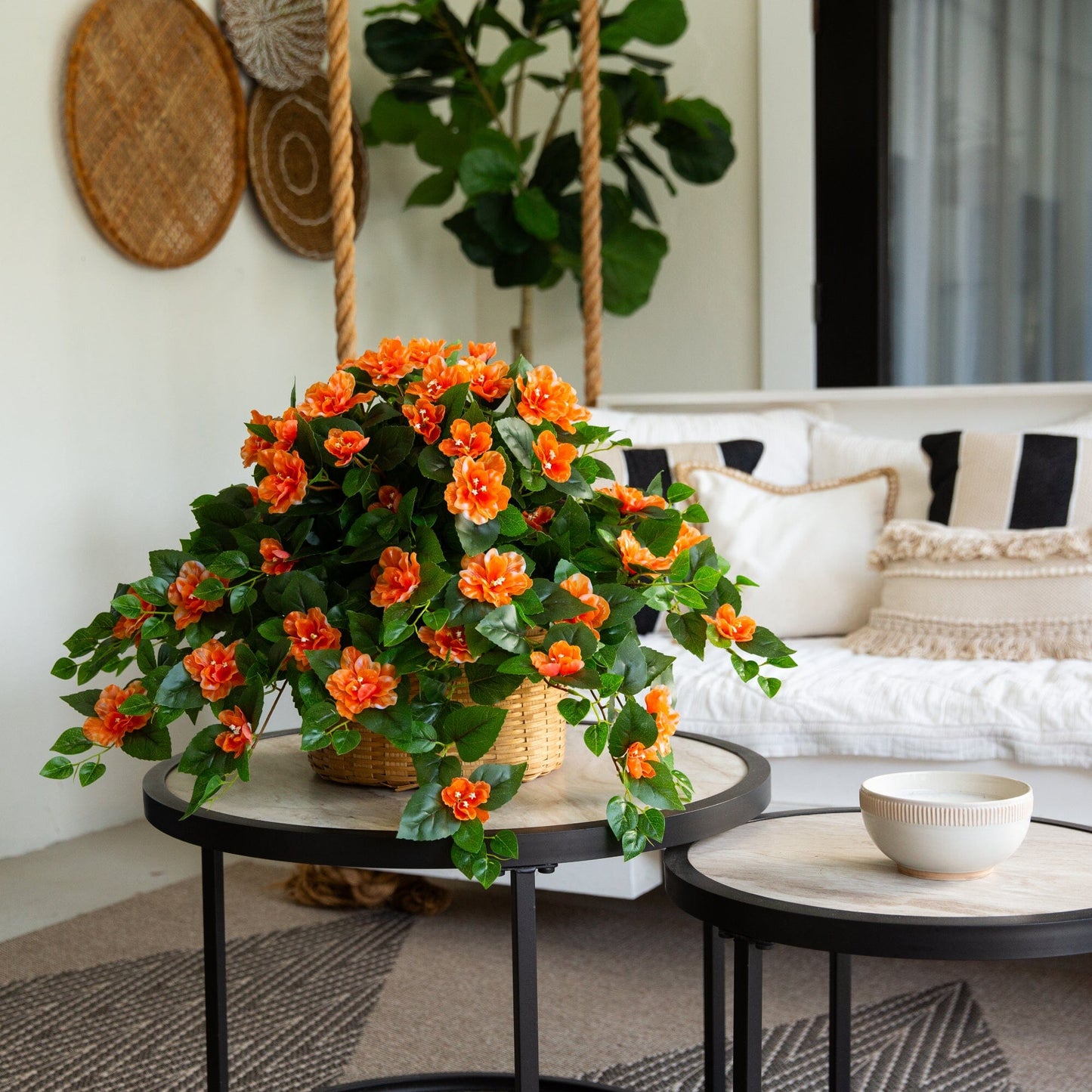 Azalea hanging plant set of 3 by Nearly Natural, 24in, orange blooms in wicker basket on Tampa Home & Garden Store
