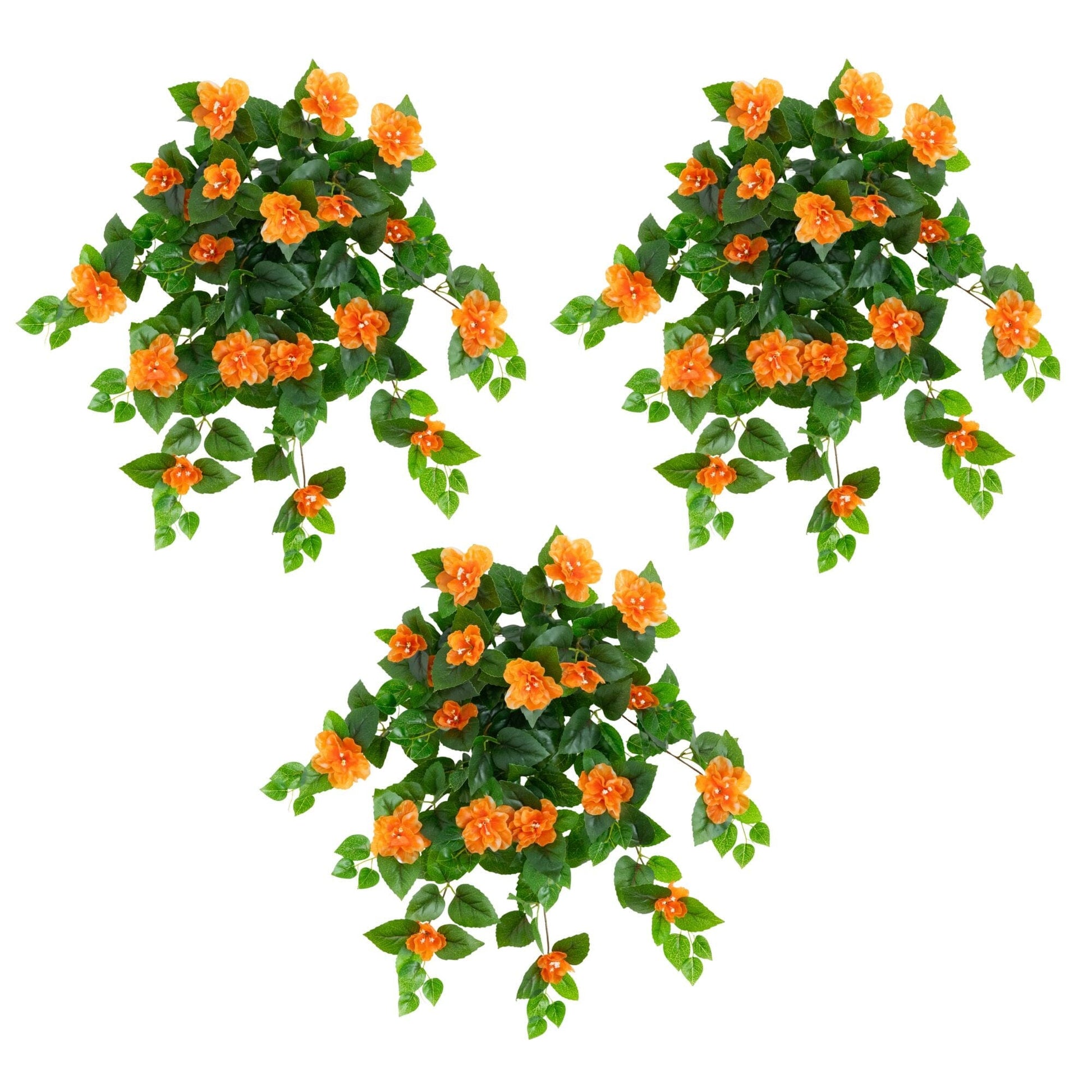 Artificial azalea hanging plant set of 3 with bright orange blooms and lush green leaves on Tampa Home & Garden Store