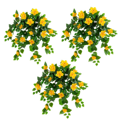 Hanging artificial azalea plant, 24in UV-resistant, set of 3, yellow blooms with green leaves on Tampa Home & Garden Store