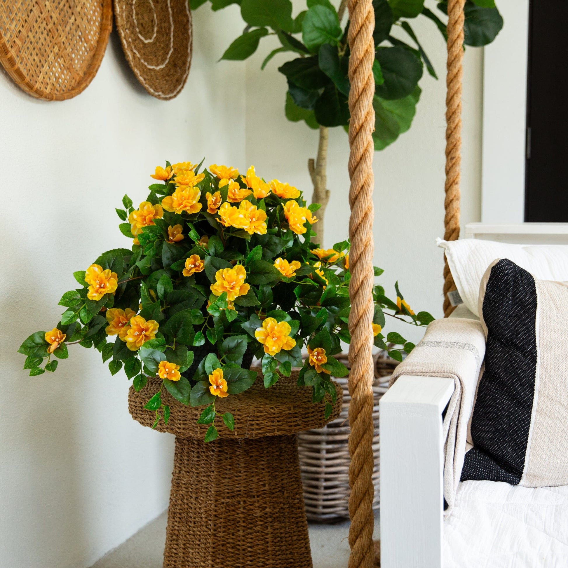 Nearly Natural 24in UV-resistant azalea hanging plant set of 3 with yellow blooms in a basket on Tampa Home & Garden Store