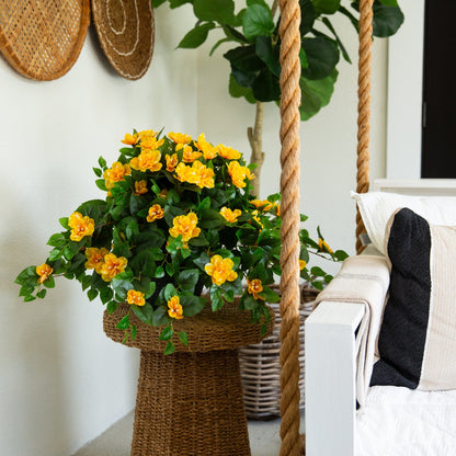 Nearly Natural 24in UV-resistant azalea hanging plant set of 3 with yellow blooms in a basket on Tampa Home & Garden Store