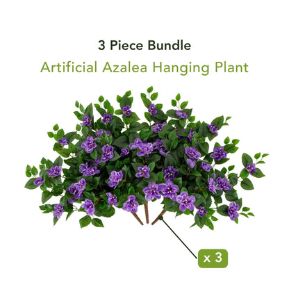 Artificial azalea hanging plant, 24in UV resistant, purple blooms, Nearly Natural set of 3 on Tampa Home & Garden Store