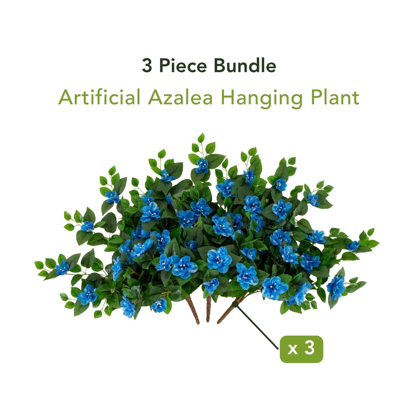 Azalea hanging plant set of 3, blue blooms, 24in UV-resistant artificial on Tampa Home & Garden Store