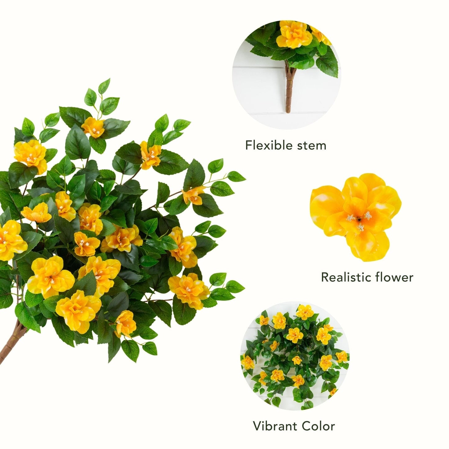 Set of 3 Nearly Natural artificial azalea hanging plants, 24in UV‑resistant, yellow blooms with green leaves on Tampa Home & Garden Store