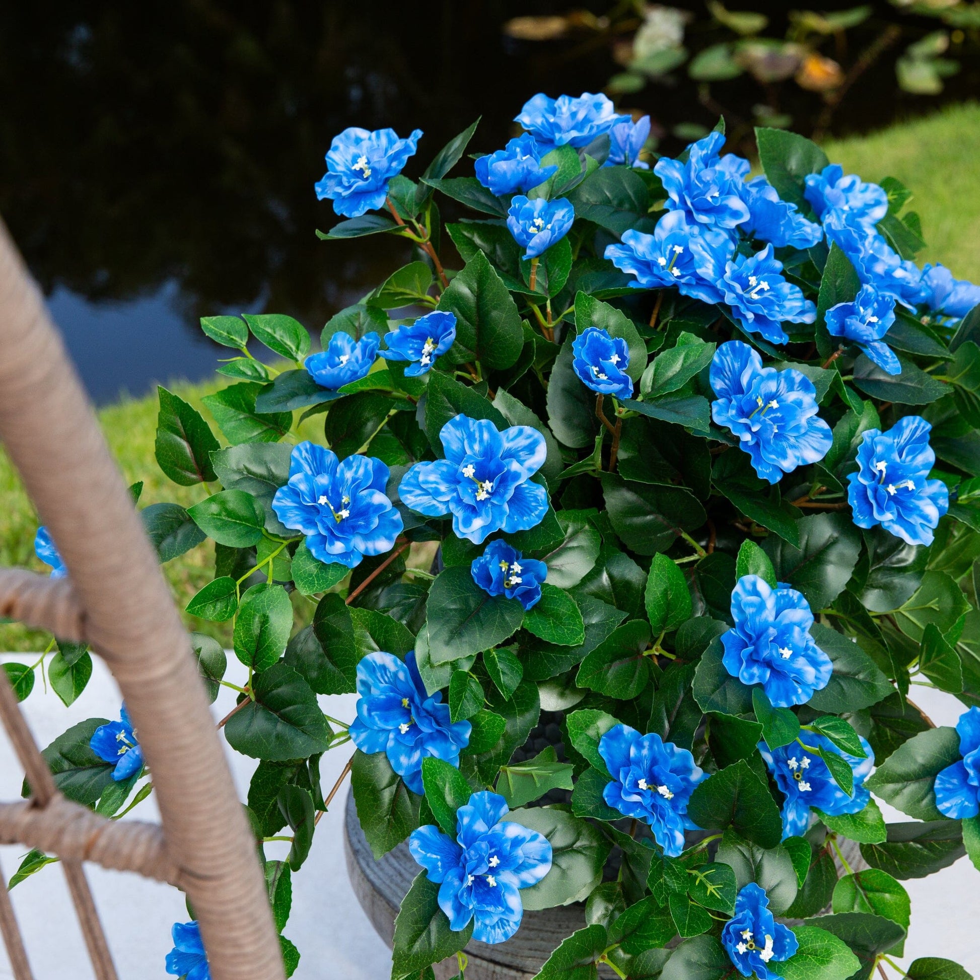 Hanging artificial azalea shrubs, blue blooms, 24-inch UV-resistant, Nearly Natural set of 3 on Tampa Home & Garden Store