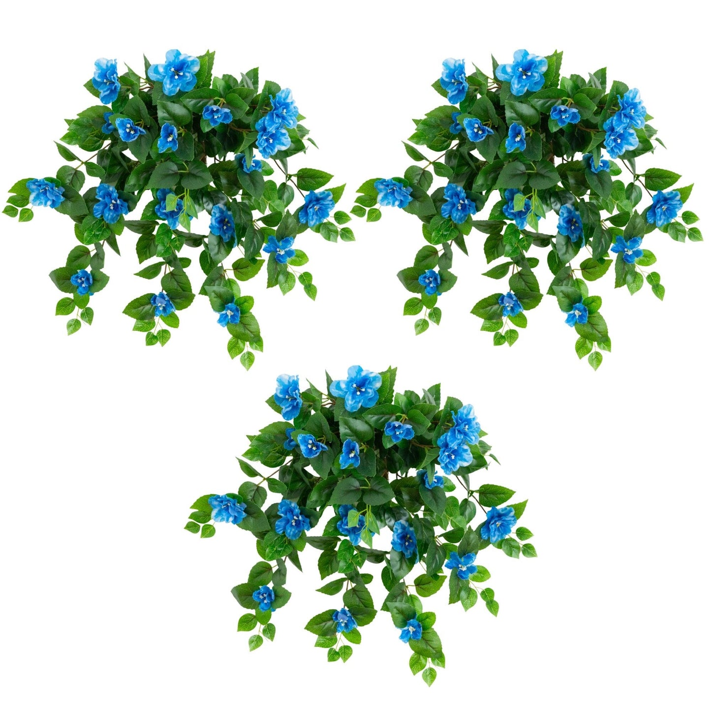 Nearly Natural 24in UV Resistant Artificial Azalea Hanging Plant Set of 3 with blue blooms on Tampa Home & Garden Store