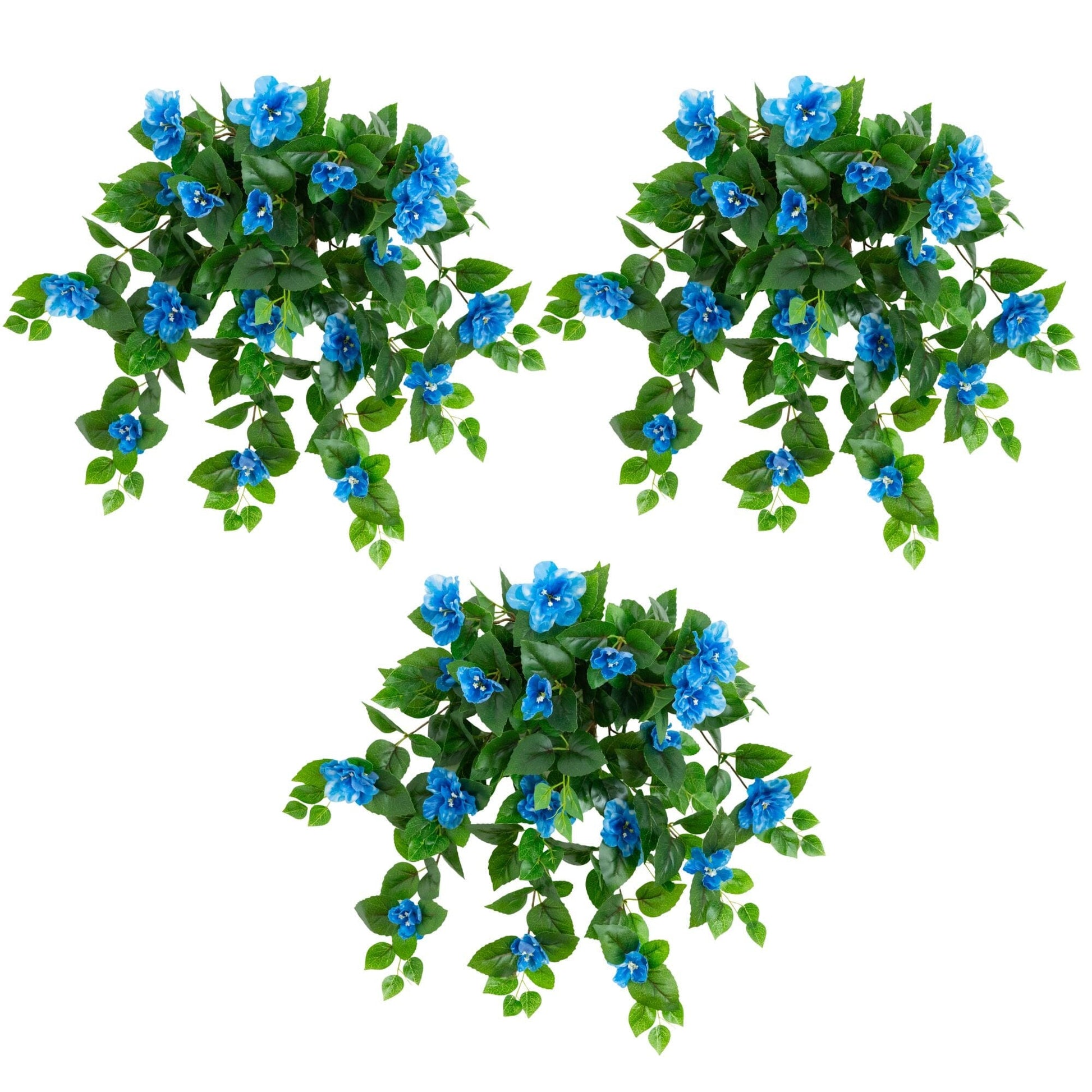 Nearly Natural 24in UV Resistant Artificial Azalea Hanging Plant Set of 3 with blue blooms on Tampa Home & Garden Store