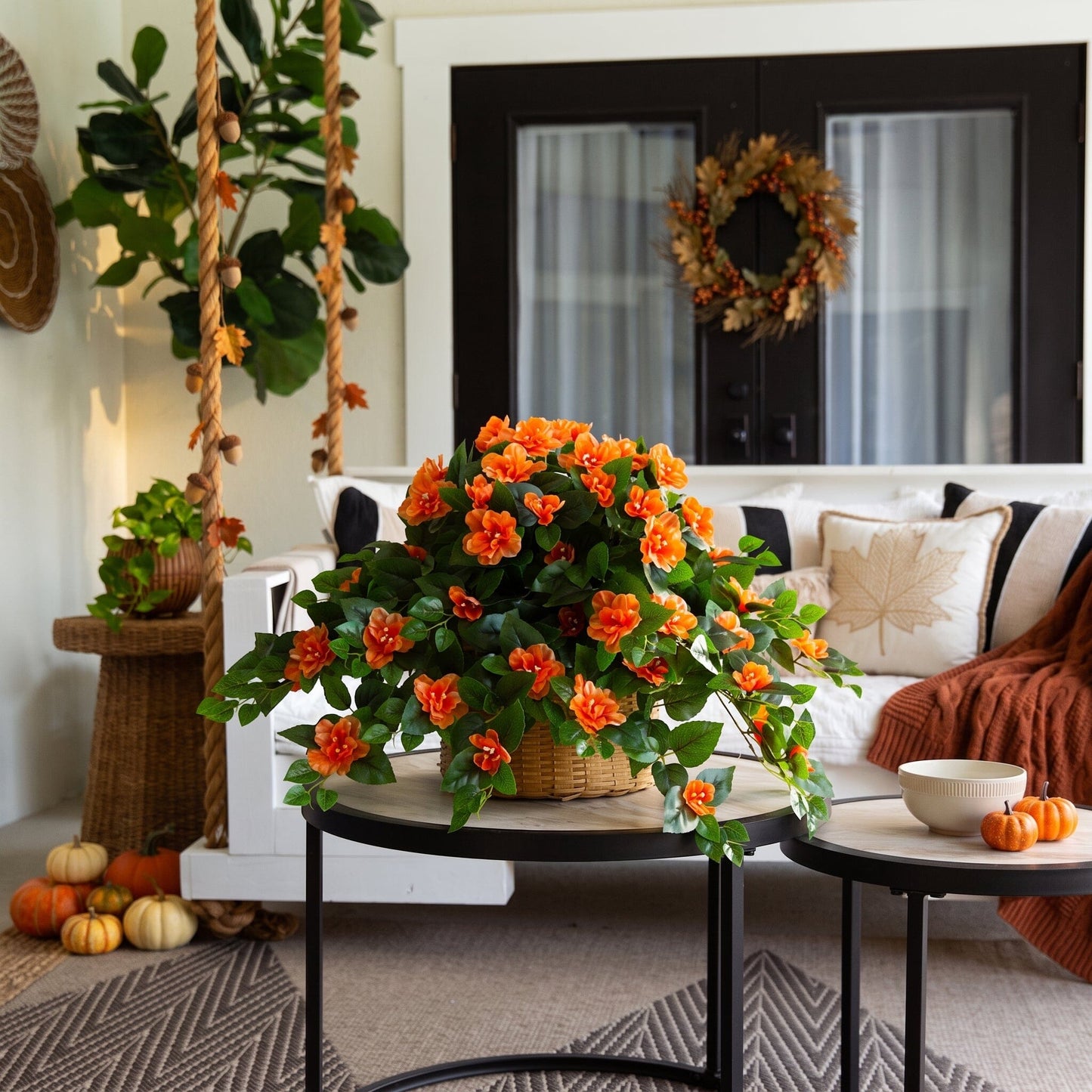 Artificial orange azalea hanging plant set of 3, 24in UV resistant by Nearly Natural on Tampa Home & Garden Store