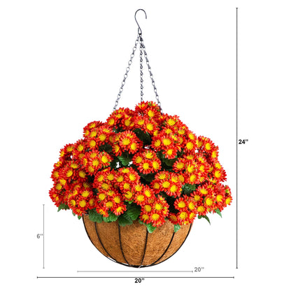 Nearly Natural 24in UV-Resistant Artificial Chrysanthemum Hanging Basket with red yellow blooms on Tampa Home & Garden Store