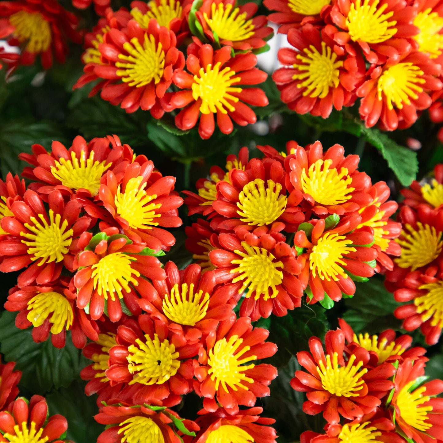 Artificial chrysanthemum blooms in red-orange with bright yellow centers UV resistant on Tampa Home & Garden Store