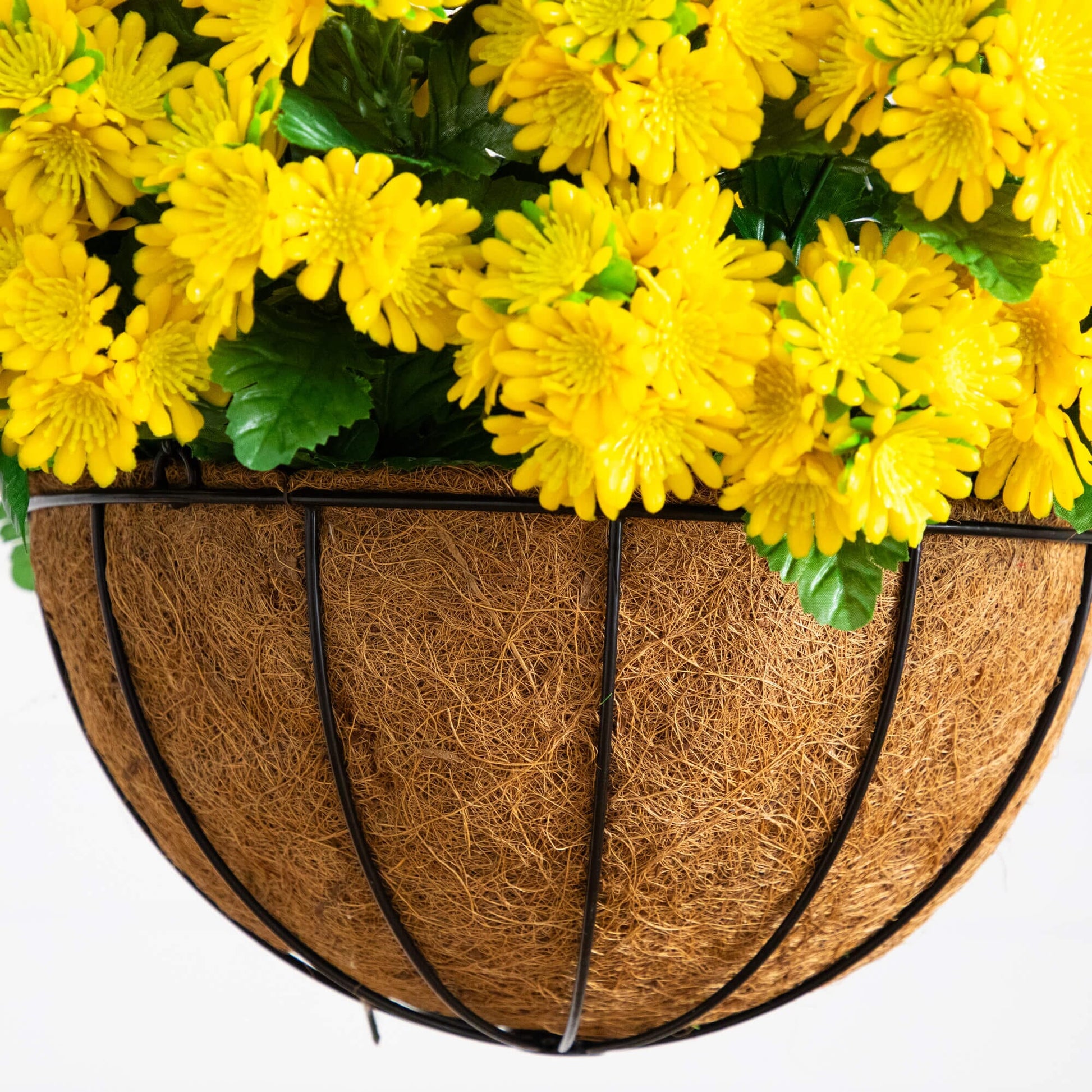 24in UV-resistant artificial chrysanthemum hanging basket with yellow blooms and green leaves on Tampa Home & Garden Store