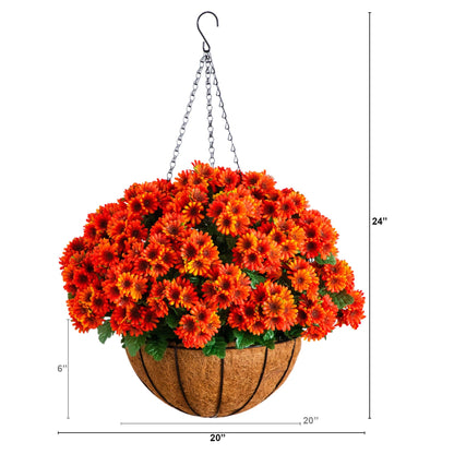 Chrysanthemum Hanging Basket 24in UV-Resistant Nearly Natural orange blooms indoor outdoor on Tampa Home & Garden Store