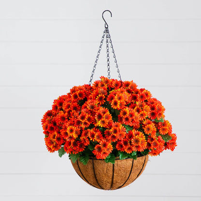 Artificial chrysanthemum hanging basket 24in UV resistant orange blooms Nearly Natural on Tampa Home & Garden Store