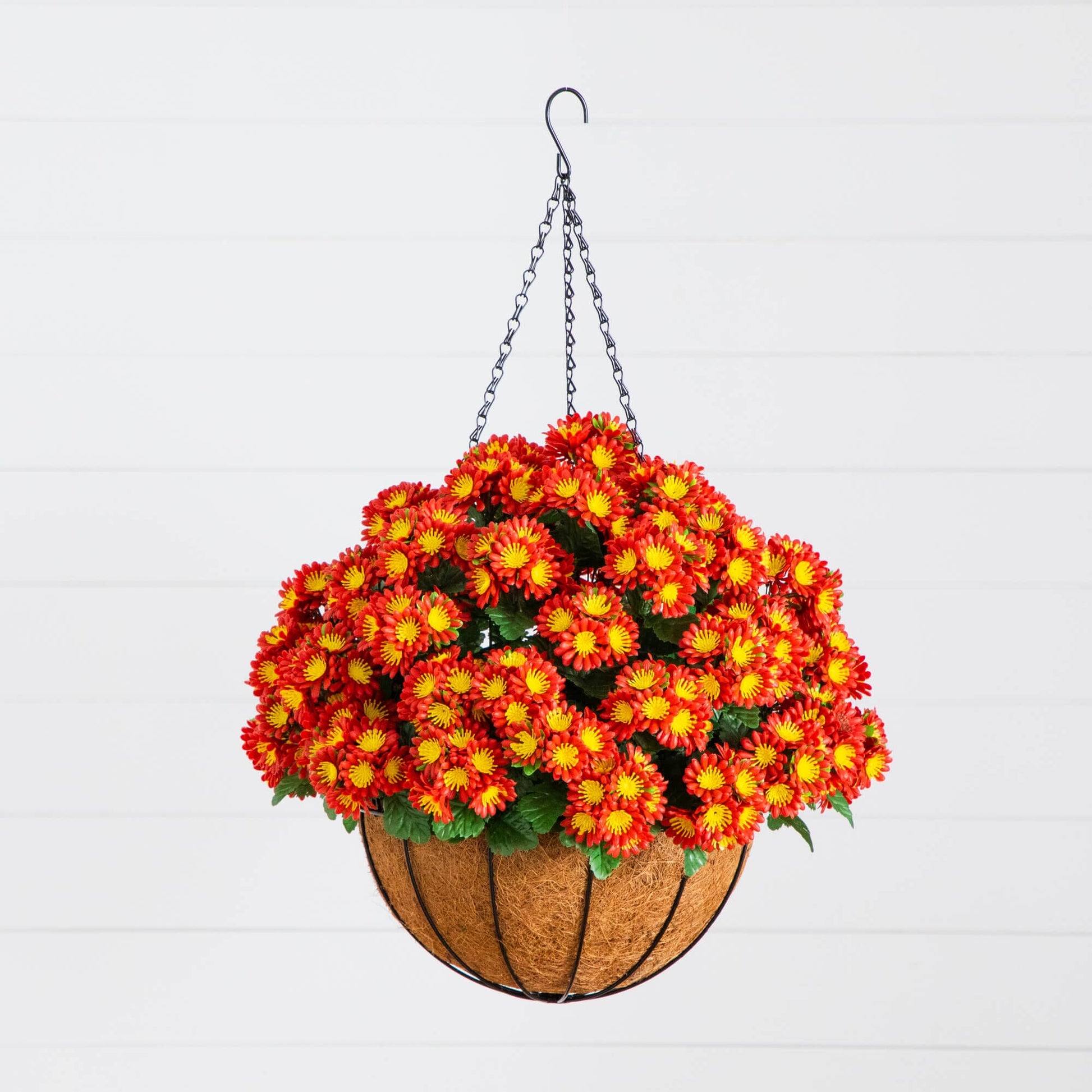 24in UV-resistant artificial chrysanthemum hanging basket with red and yellow blooms on Tampa Home & Garden Store
