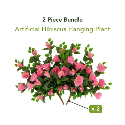 Artificial Hibiscus Hanging Plant 2-Piece pink blossoms with leaves UV resistant Nearly Natural on Tampa Home & Garden Store