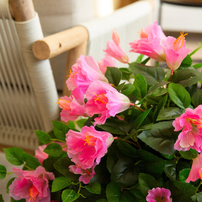 24-inch UV-resistant hibiscus hanging plant set of 2 with pink blooms and green leaves on Tampa Home & Garden Store
