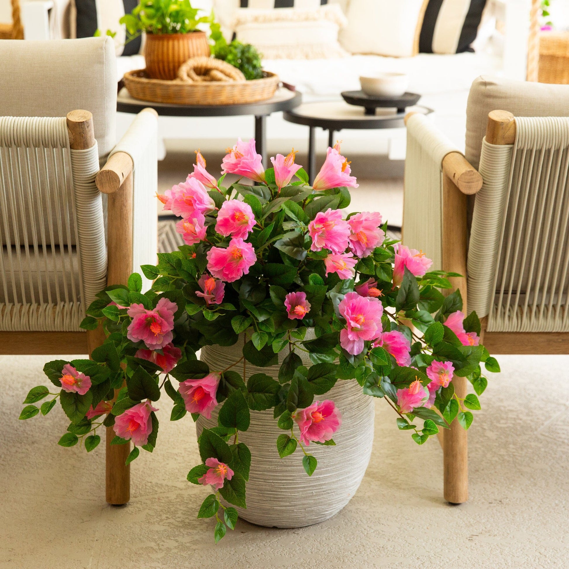 24in UV Resistant Artificial Hibiscus Hanging Plant set of 2 by Nearly Natural with pink blooms on Tampa Home & Garden Store