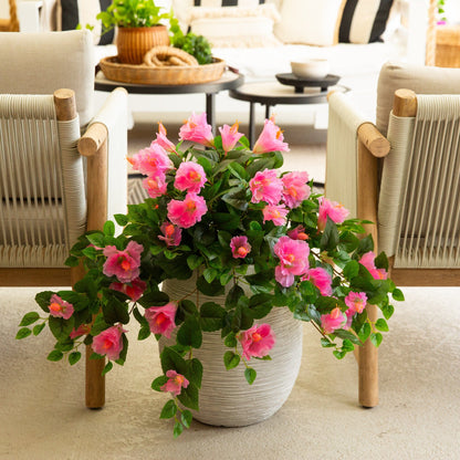24in UV Resistant Artificial Hibiscus Hanging Plant set of 2 by Nearly Natural with pink blooms on Tampa Home & Garden Store
