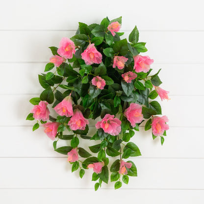 Hibiscus hanging plant 24in, set of 2, pink blooms, Nearly Natural UV-resistant artificial on Tampa Home & Garden Store