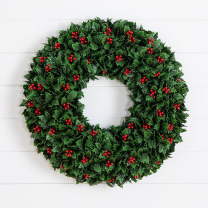 Nearly Natural 24-inch UV-resistant holly berry wreath with green leaves and red berries on Tampa Home & Garden Store