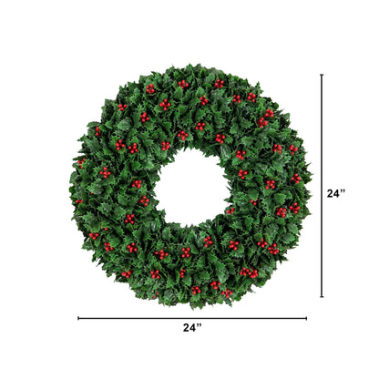 Wreath Nearly Natural 24in UV-resistant artificial holly leaves with red berries indoor/outdoor on Tampa Home & Garden Store