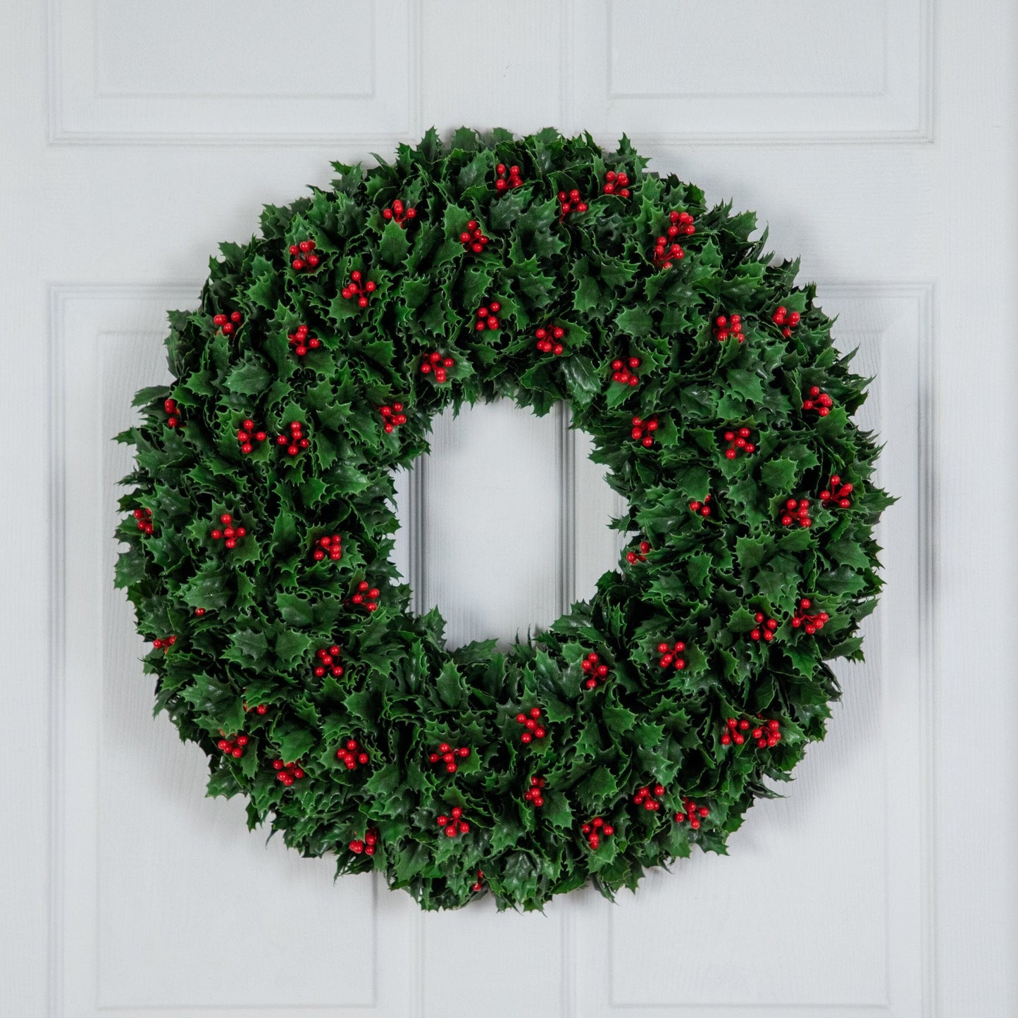24in artificial holly berry wreath UV resistant green leaves red berries Nearly Natural on Tampa Home & Garden Store