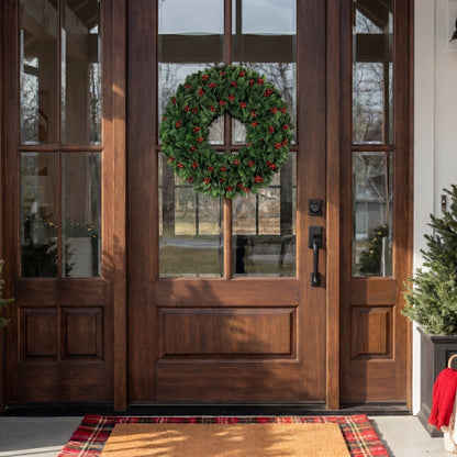 Wreath 24in Nearly Natural UV resistant artificial holly berry Christmas wreath indoor outdoor on Tampa Home & Garden Store