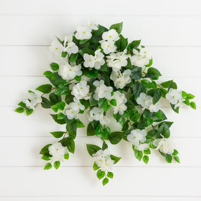 24in UV-resistant artificial hydrangea hanging plant set of 2, white blossoms with green leaves indoor/outdoor on Tampa Home & Garden Store